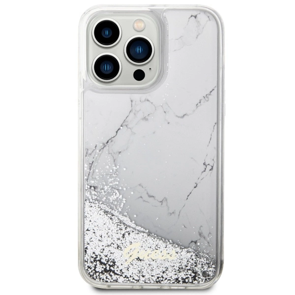 Etui Guess Liquid Glitter Marble na iPhone 14 Pro Max - białe
