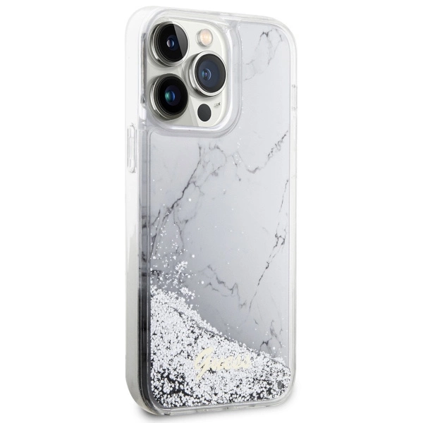 Etui Guess Liquid Glitter Marble na iPhone 14 Pro Max - białe