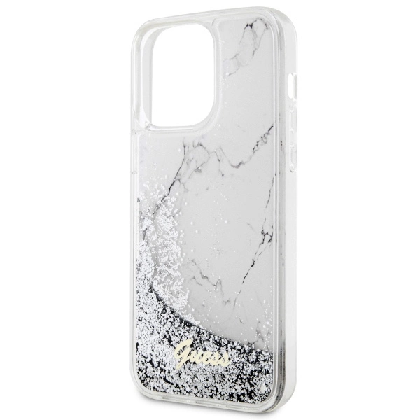 Etui Guess Liquid Glitter Marble na iPhone 14 Pro Max - białe