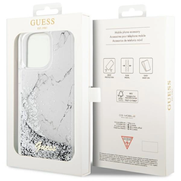 Etui Guess Liquid Glitter Marble na iPhone 14 Pro Max - białe