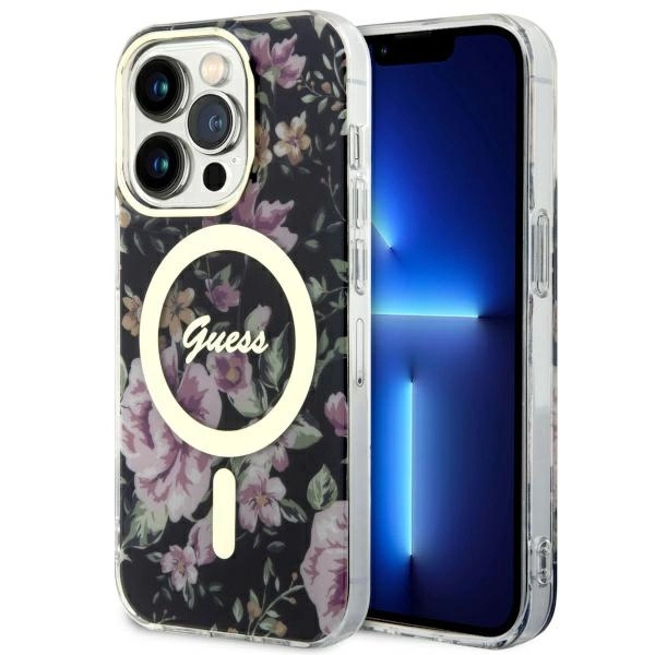 Etui Guess Flower MagSafe na iPhone 14 Pro - czarne