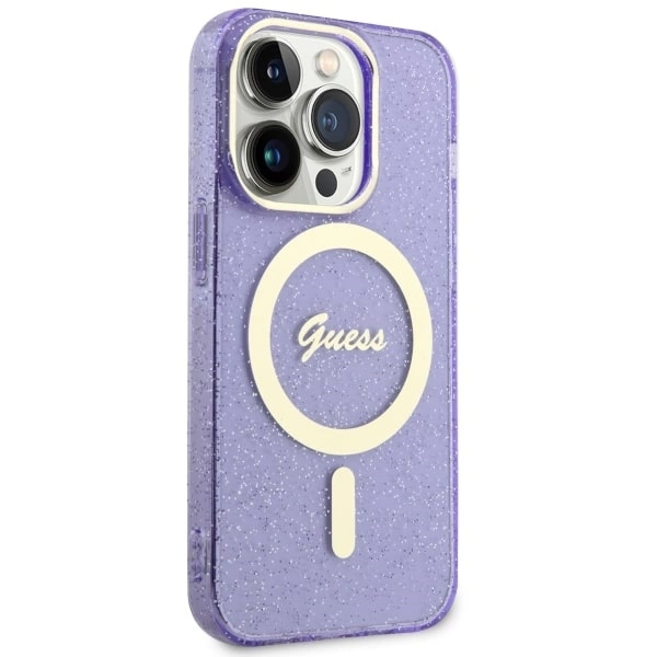 Etui Guess Glitter Gold MagSafe na iPhone 14 Pro - purpurowe