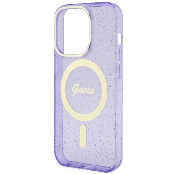 Etui Guess Glitter Gold MagSafe na iPhone 14 Pro - purpurowe