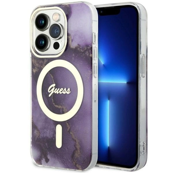 Etui Guess Golden Marble MagSafe na iPhone 14 Pro - purpurowe