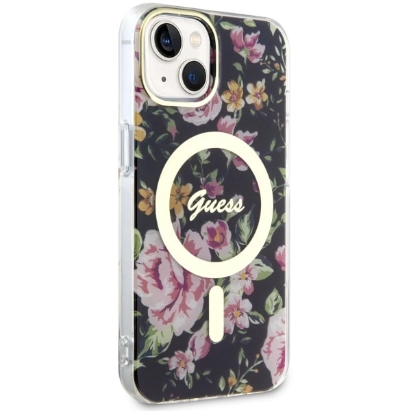Etui Guess Flower MagSafe na iPhone 14 Plus - czarne