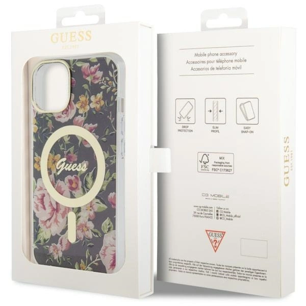 Etui Guess Flower MagSafe na iPhone 14 Plus - czarne