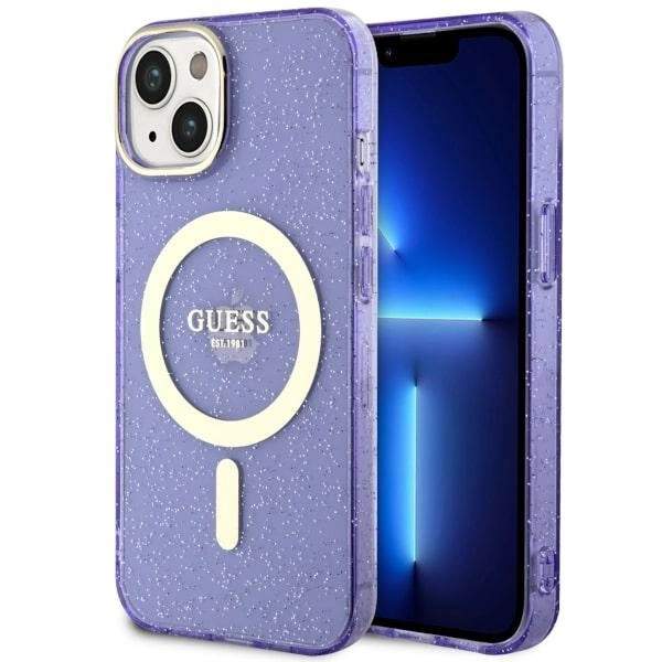 Etui Guess Glitter Gold MagSafe na iPhone 14 Plus - purpurowe