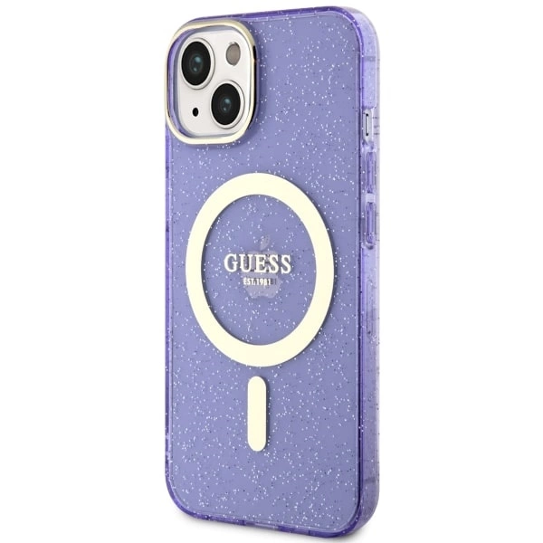 Etui Guess Glitter Gold MagSafe na iPhone 14 Plus - purpurowe