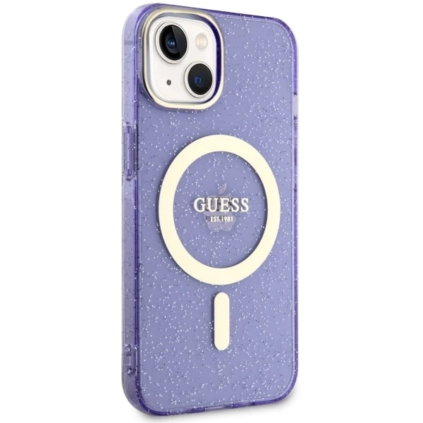 Etui Guess Glitter Gold MagSafe na iPhone 14 Plus - purpurowe