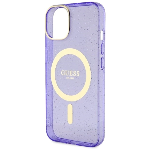 Etui Guess Glitter Gold MagSafe na iPhone 14 Plus - purpurowe
