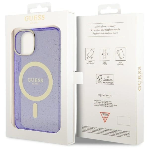 Etui Guess Glitter Gold MagSafe na iPhone 14 Plus - purpurowe