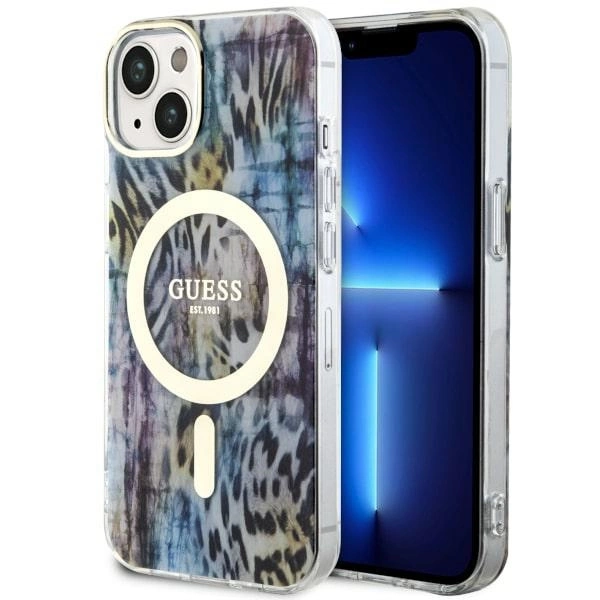 Etui Guess Leopard MagSafe na iPhone 14 - niebieskie