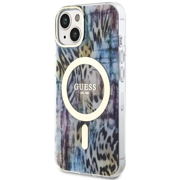 Etui Guess Leopard MagSafe na iPhone 14 - niebieskie