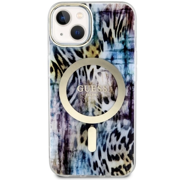 Etui Guess Leopard MagSafe na iPhone 14 - niebieskie