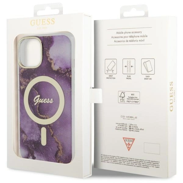 Etui Guess Golden Marble MagSafe na iPhone 14 - purpurowe