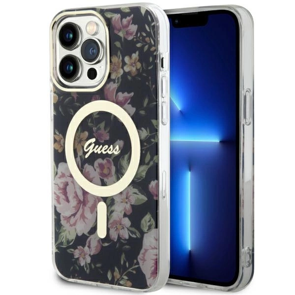 Etui Guess Flower MagSafe na iPhone 14 Pro Max - czarne
