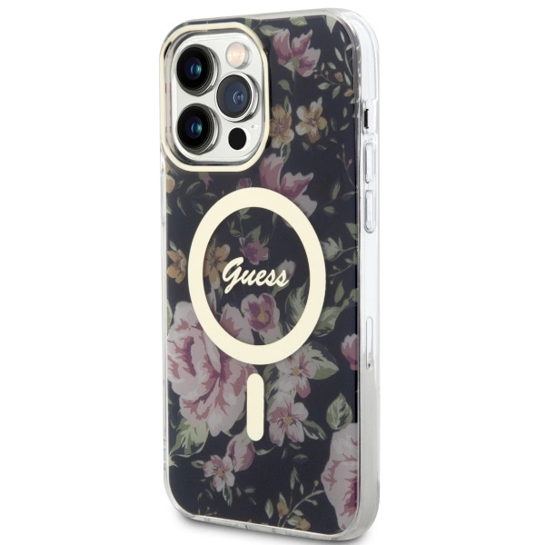 Etui Guess Flower MagSafe na iPhone 14 Pro Max - czarne