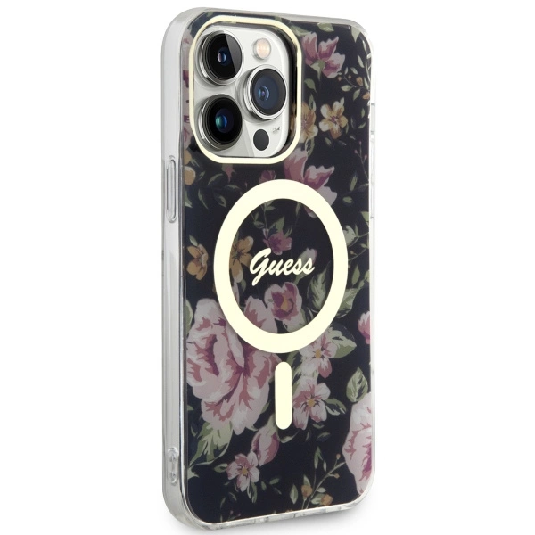 Etui Guess Flower MagSafe na iPhone 14 Pro Max - czarne