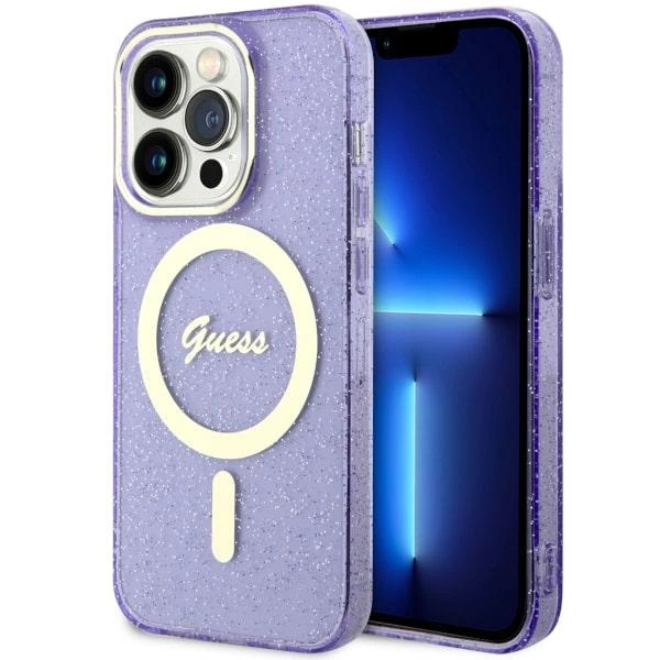 Etui Guess Glitter Gold MagSafe na iPhone 14 Pro Max - purpurowe