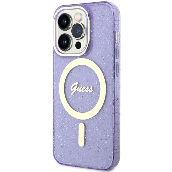 Etui Guess Glitter Gold MagSafe na iPhone 14 Pro Max - purpurowe