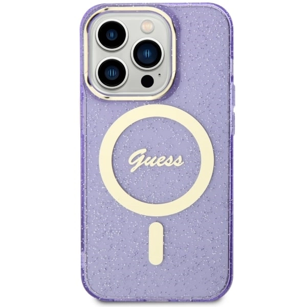 Etui Guess Glitter Gold MagSafe na iPhone 14 Pro Max - purpurowe