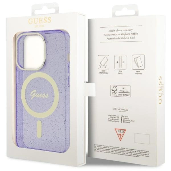 Etui Guess Glitter Gold MagSafe na iPhone 14 Pro Max - purpurowe