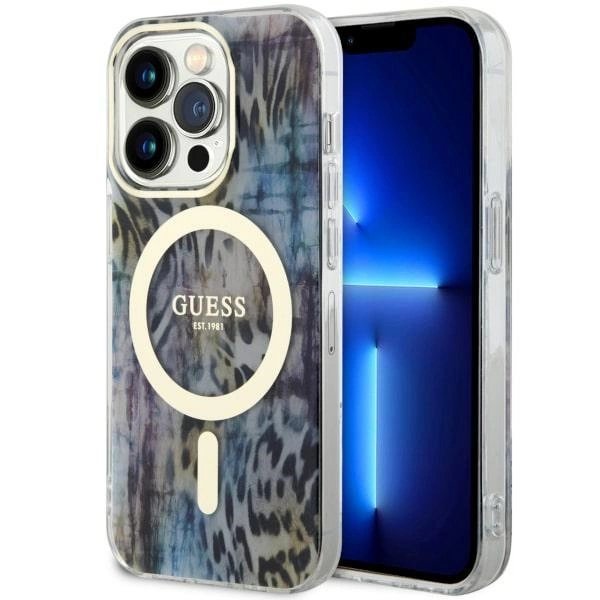 Etui Guess Leopard MagSafe na iPhone 14 Pro Max - niebieskie