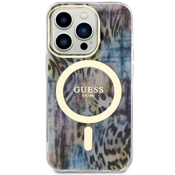 Etui Guess Leopard MagSafe na iPhone 14 Pro Max - niebieskie