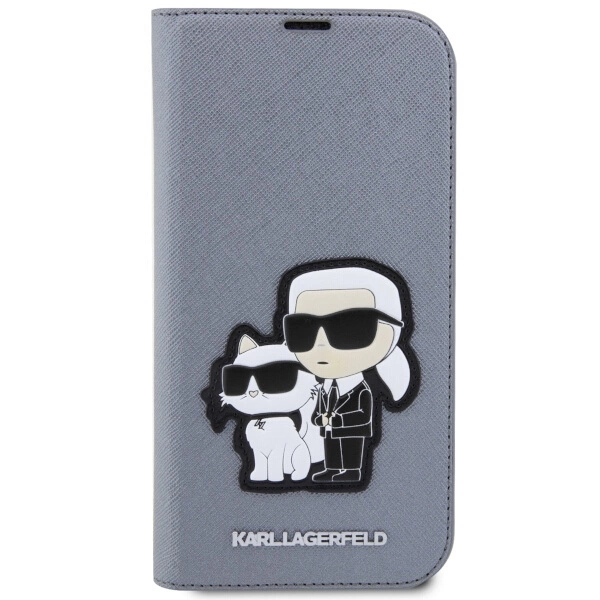 Etui Karl Lagerfeld Saffiano Karl&Choupette na iPhone 14 Pro - srebrne