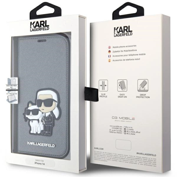 Etui Karl Lagerfeld Saffiano Karl&Choupette na iPhone 14 - srebrne