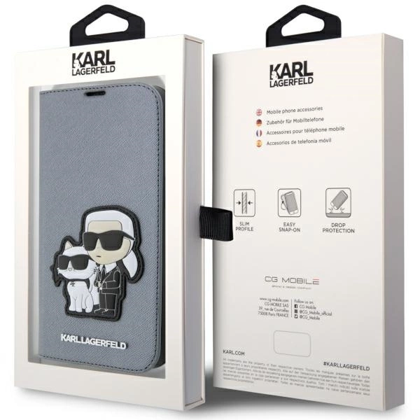 Etui Karl Lagerfeld Saffiano Karl&Choupette na iPhone 14 Pro Max - srebrne