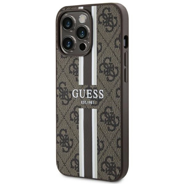 Etui Guess 4G Printed Stripes MagSafe na iPhone 13 Pro / iPhone 13 - brązowe