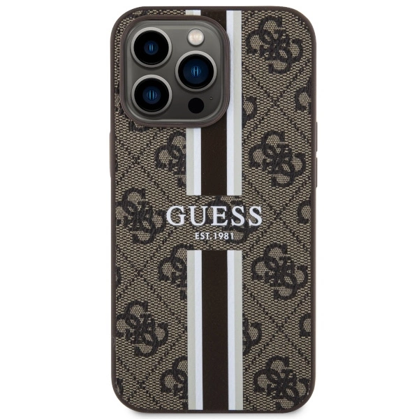Etui Guess 4G Printed Stripes MagSafe na iPhone 13 Pro Max - brązowe