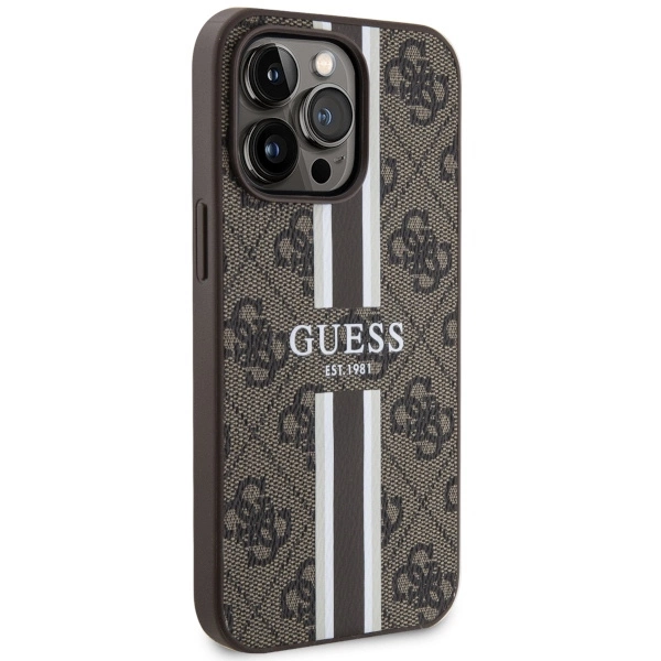 Etui Guess 4G Printed Stripes MagSafe na iPhone 13 Pro Max - brązowe