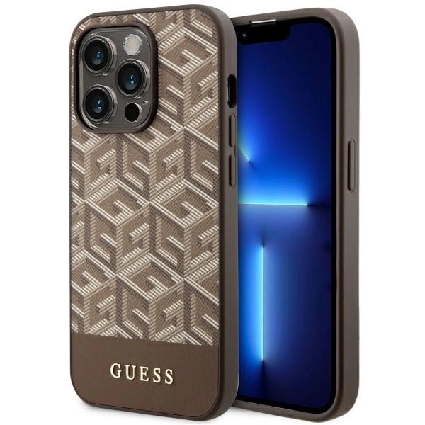 Etui Guess GCube Stripes MagSafe na iPhone 14 Pro - brązowe