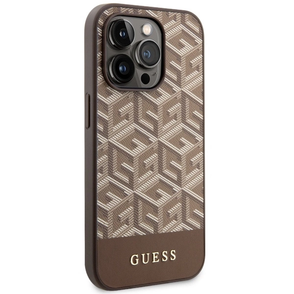 Etui Guess GCube Stripes MagSafe na iPhone 14 Pro - brązowe