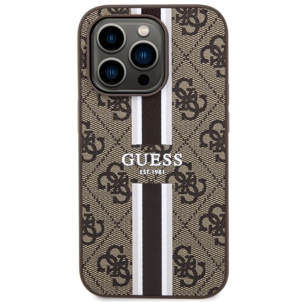 Etui Guess 4G Printed Stripes MagSafe na iPhone 14 Pro - brązowe