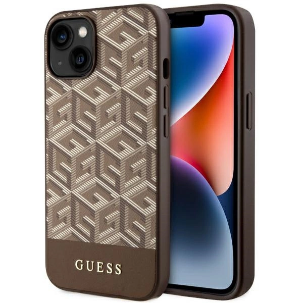 Etui Guess GCube Stripes MagSafe na iPhone 14 Plus - brązowe