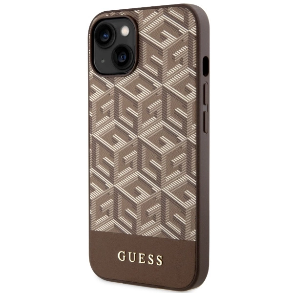 Etui Guess GCube Stripes MagSafe na iPhone 14 Plus - brązowe