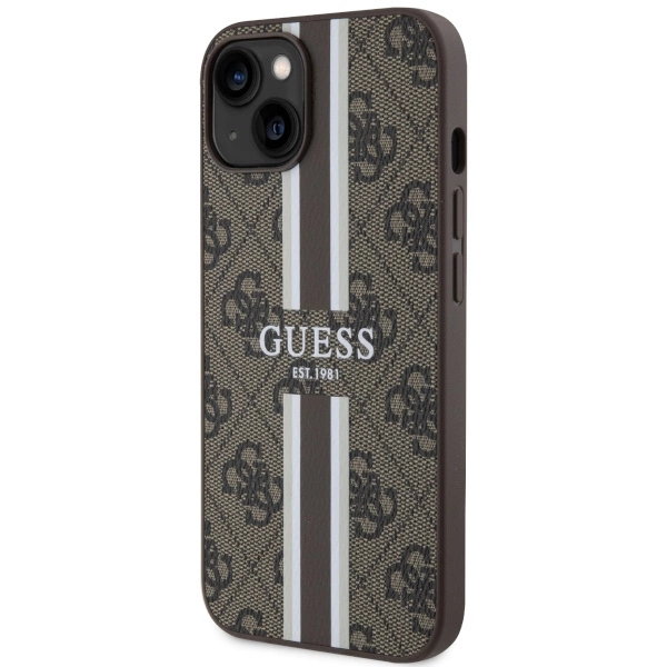 Etui Guess 4G Printed Stripes MagSafe na iPhone 14 Plus - brązowe