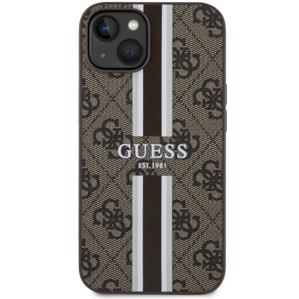 Etui Guess 4G Printed Stripes MagSafe na iPhone 14 Plus - brązowe