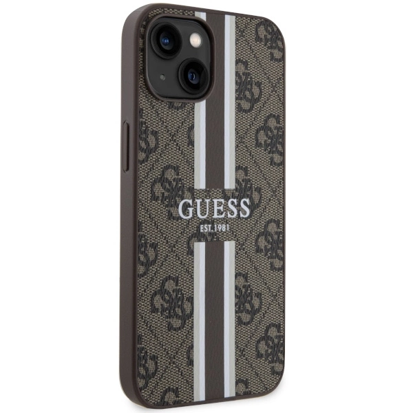 Etui Guess 4G Printed Stripes MagSafe na iPhone 14 - brązowe