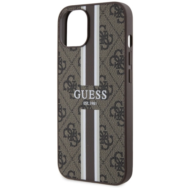 Etui Guess 4G Printed Stripes MagSafe na iPhone 14 - brązowe