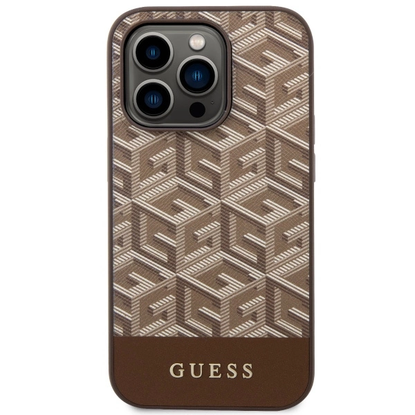 Etui Guess GCube Stripes MagSafe na iPhone 14 Pro Max - brązowe
