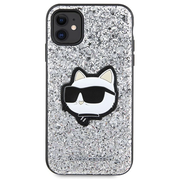 Etui Karl Lagerfeld Glitter Choupette Patch na iPhone 11 / Xr - srebrne
