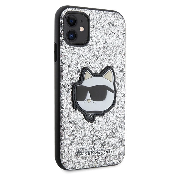 Etui Karl Lagerfeld Glitter Choupette Patch na iPhone 11 / Xr - srebrne