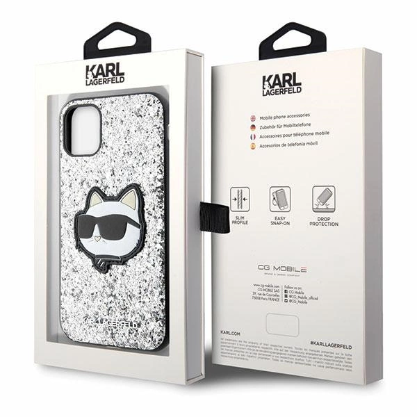 Etui Karl Lagerfeld Glitter Choupette Patch na iPhone 11 / Xr - srebrne