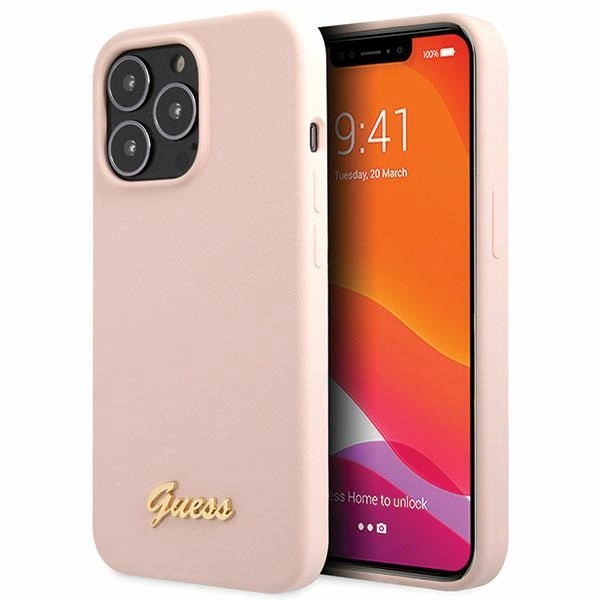 Etui Guess Silicone Script Gold Logo na iPhone 13 Pro Max - jasnoróżowe