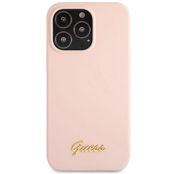 Etui Guess Silicone Script Gold Logo na iPhone 13 Pro Max - jasnoróżowe
