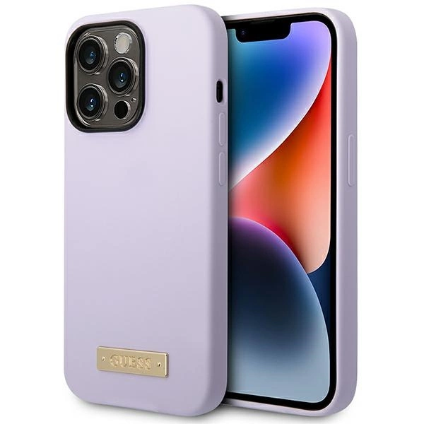 Etui Guess Silicone Logo Plate MagSafe na iPhone 14 Pro - fioletowe